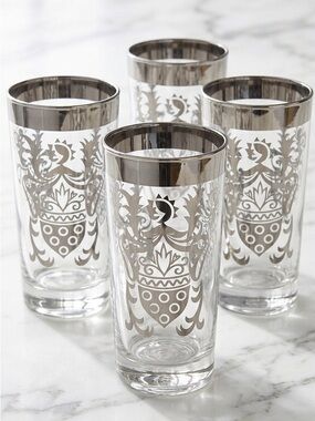 Vintage Kimiko Silver Rim Highball Glasses MCM Guardian Knight Shield Set of 4